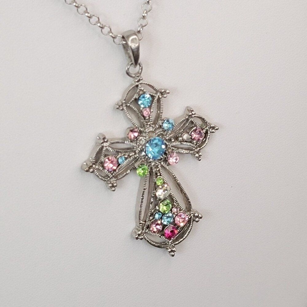 Silver Tone Round Link Chain Cross Pendant Rhinestone Fashion Necklace 22 in - Picture 4 of 9